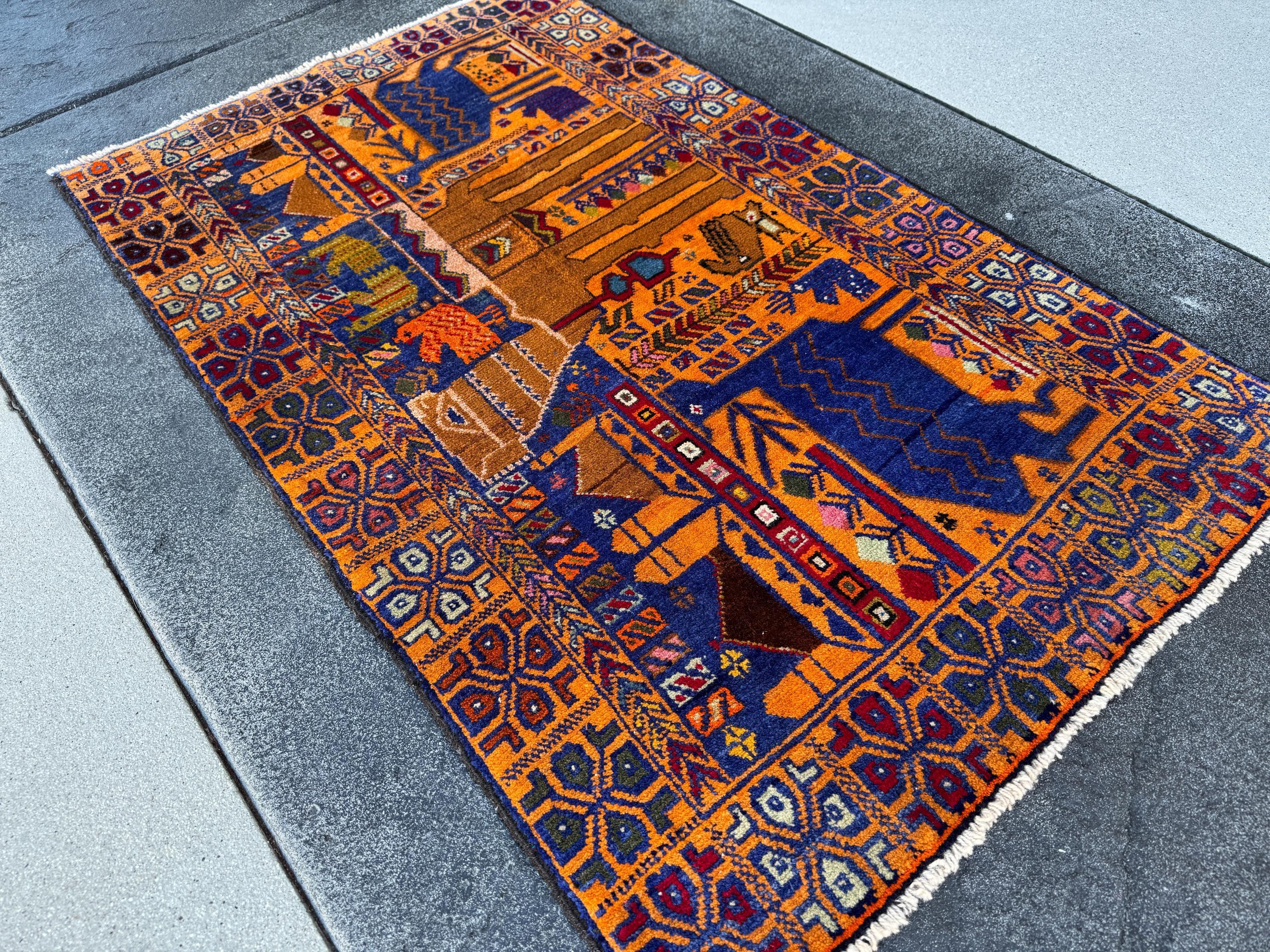 3x5 Handmade Vintage Afghan Baluch Rug | Gold Saffron Mustard Yellow Orange Royal Powder Denim Blue Purple Caramel Blood Red Moss Green Wool