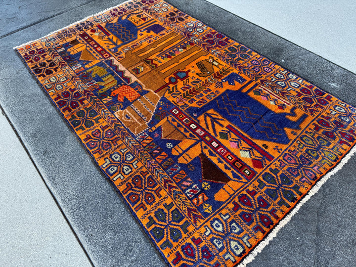 3x5 Handmade Vintage Afghan Baluch Rug | Gold Saffron Mustard Yellow Orange Royal Powder Denim Blue Purple Caramel Blood Red Moss Green Wool