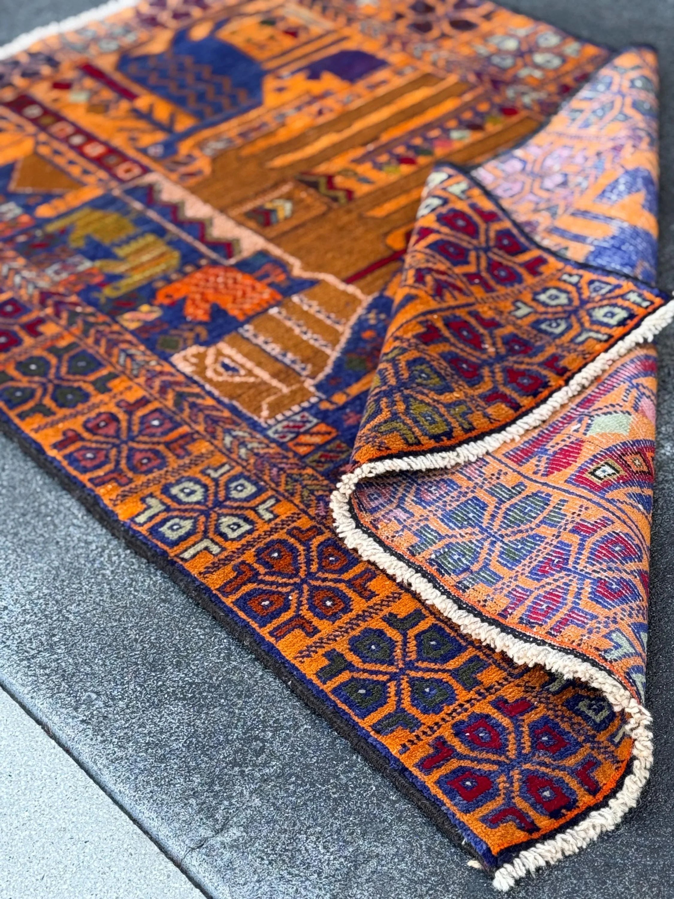 3x5 Handmade Vintage Afghan Baluch Rug | Gold Saffron Mustard Yellow Orange Royal Powder Denim Blue Purple Caramel Blood Red Moss Green Wool