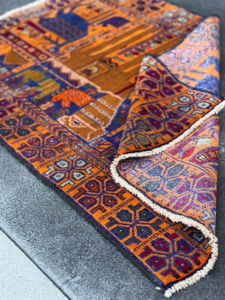 3x5 Handmade Vintage Afghan Baluch Rug | Gold Saffron Mustard Yellow Orange Royal Powder Denim Blue Purple Caramel Blood Red Moss Green Wool