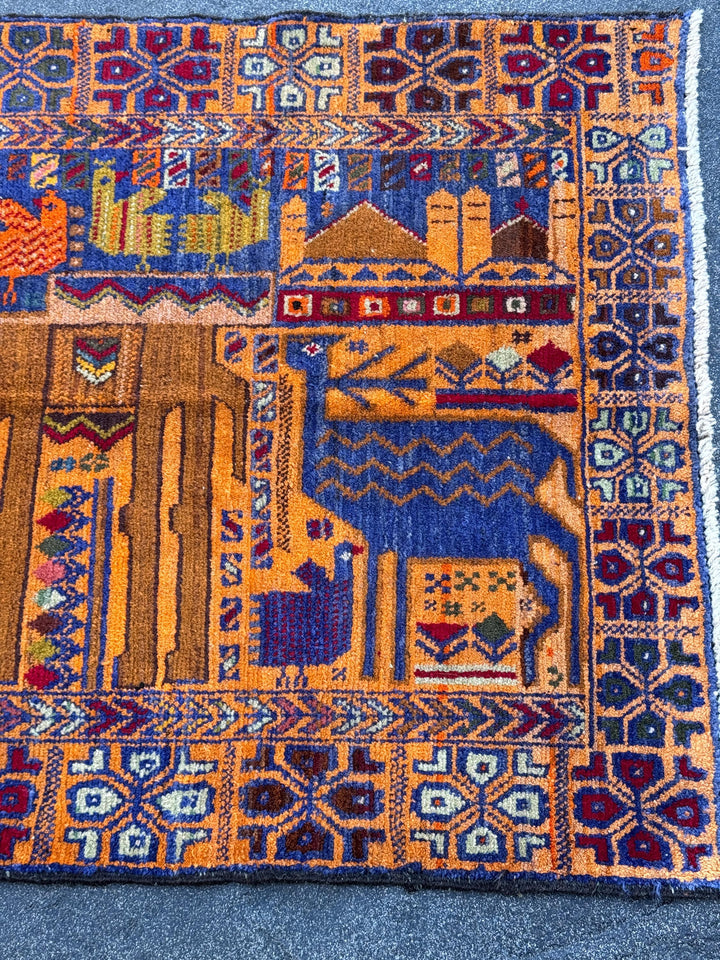 3x5 Handmade Vintage Afghan Baluch Rug | Gold Saffron Mustard Yellow Orange Royal Powder Denim Blue Purple Caramel Blood Red Moss Green Wool