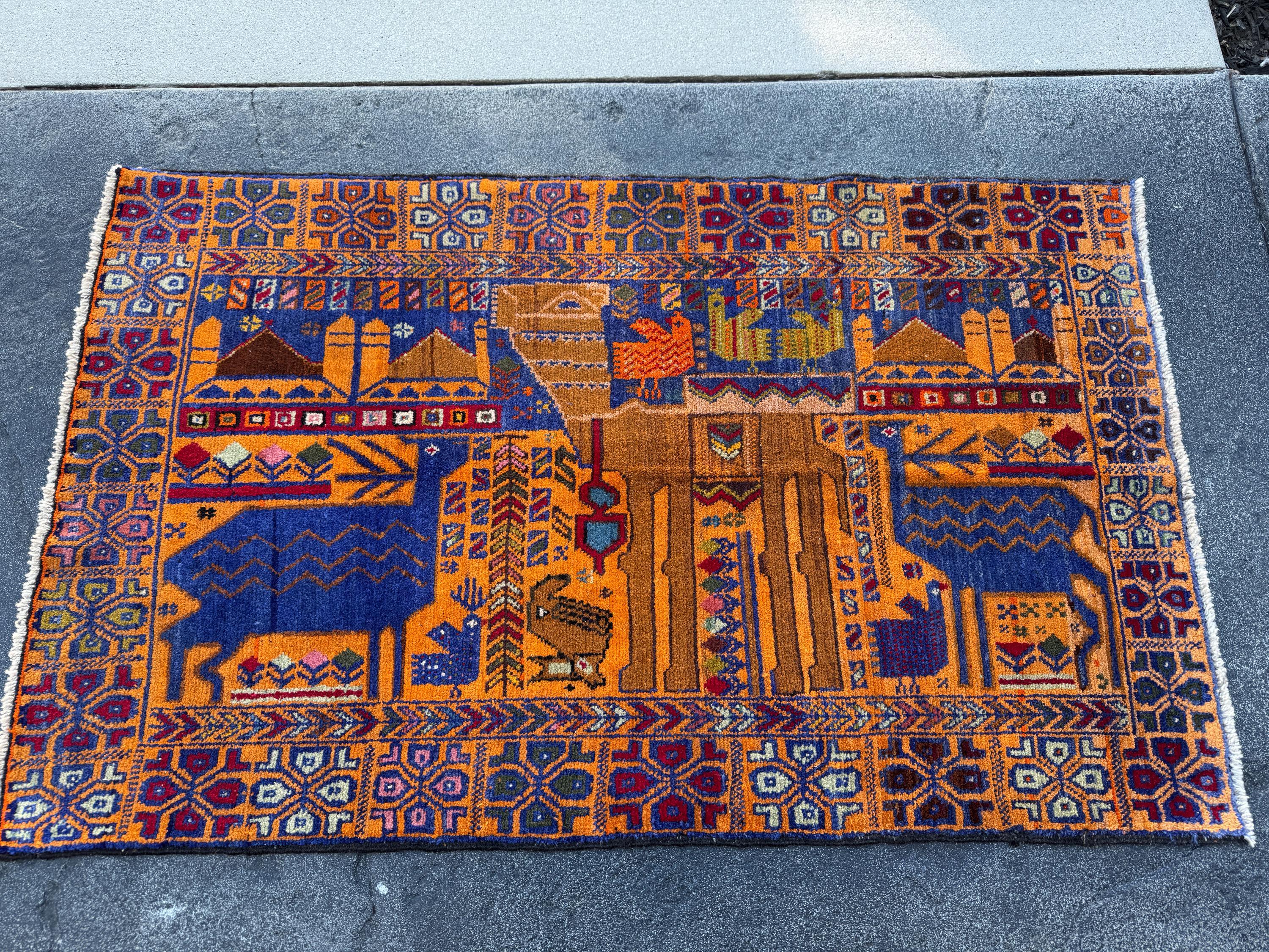 3x5 Handmade Vintage Afghan Baluch Rug | Gold Saffron Mustard Yellow Orange Royal Powder Denim Blue Purple Caramel Blood Red Moss Green Wool