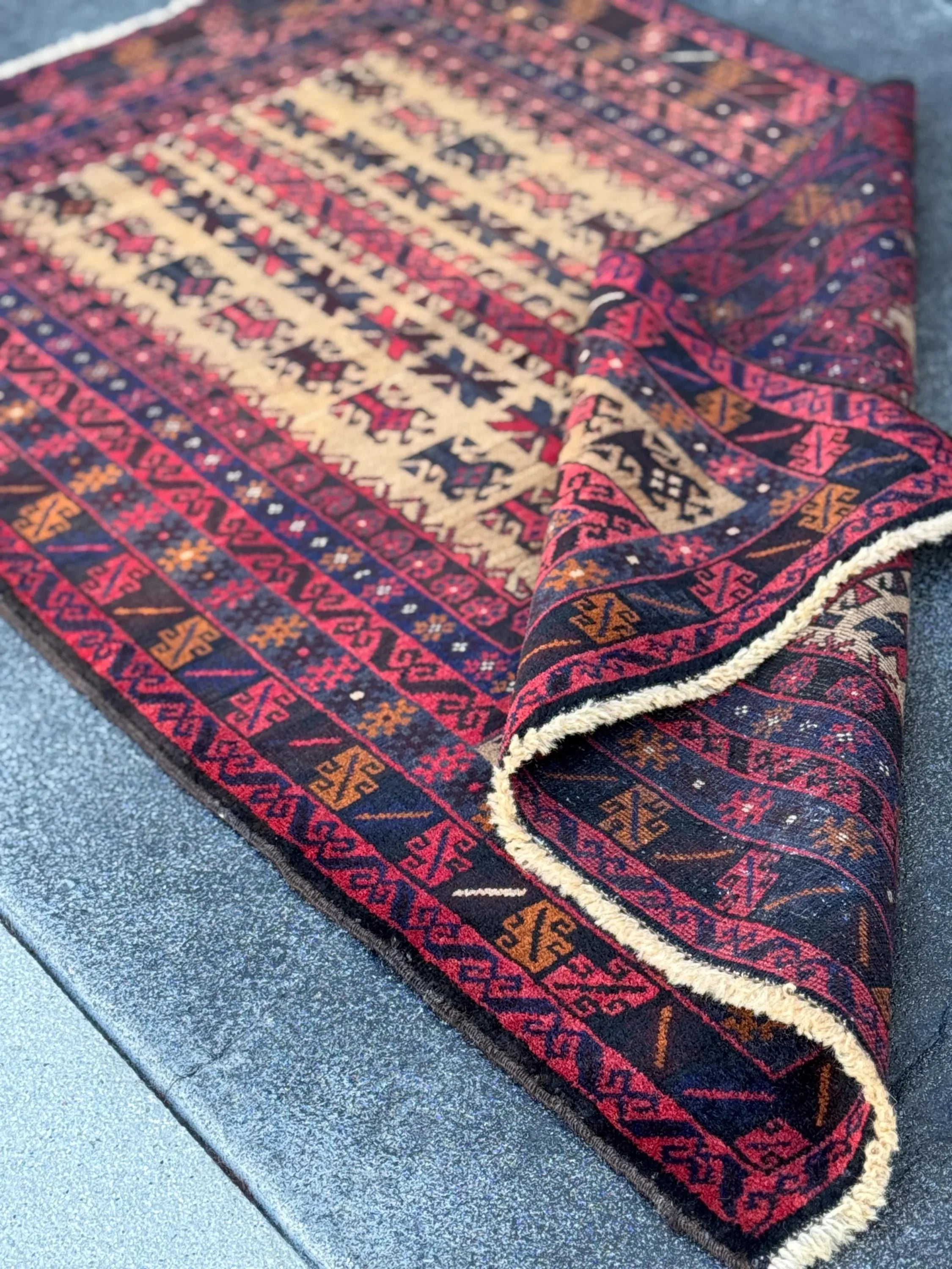3x5 (91x152) Handmade Vintage Afghan Baluch Rug | Brick Auburn Red Gold Beige Cream Tan Black Caramel Brown Grey Navy Blue | Wool Geometric