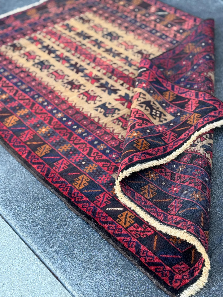 3x5 (91x152) Handmade Vintage Afghan Baluch Rug | Brick Auburn Red Gold Beige Cream Tan Black Caramel Brown Grey Navy Blue | Wool Geometric