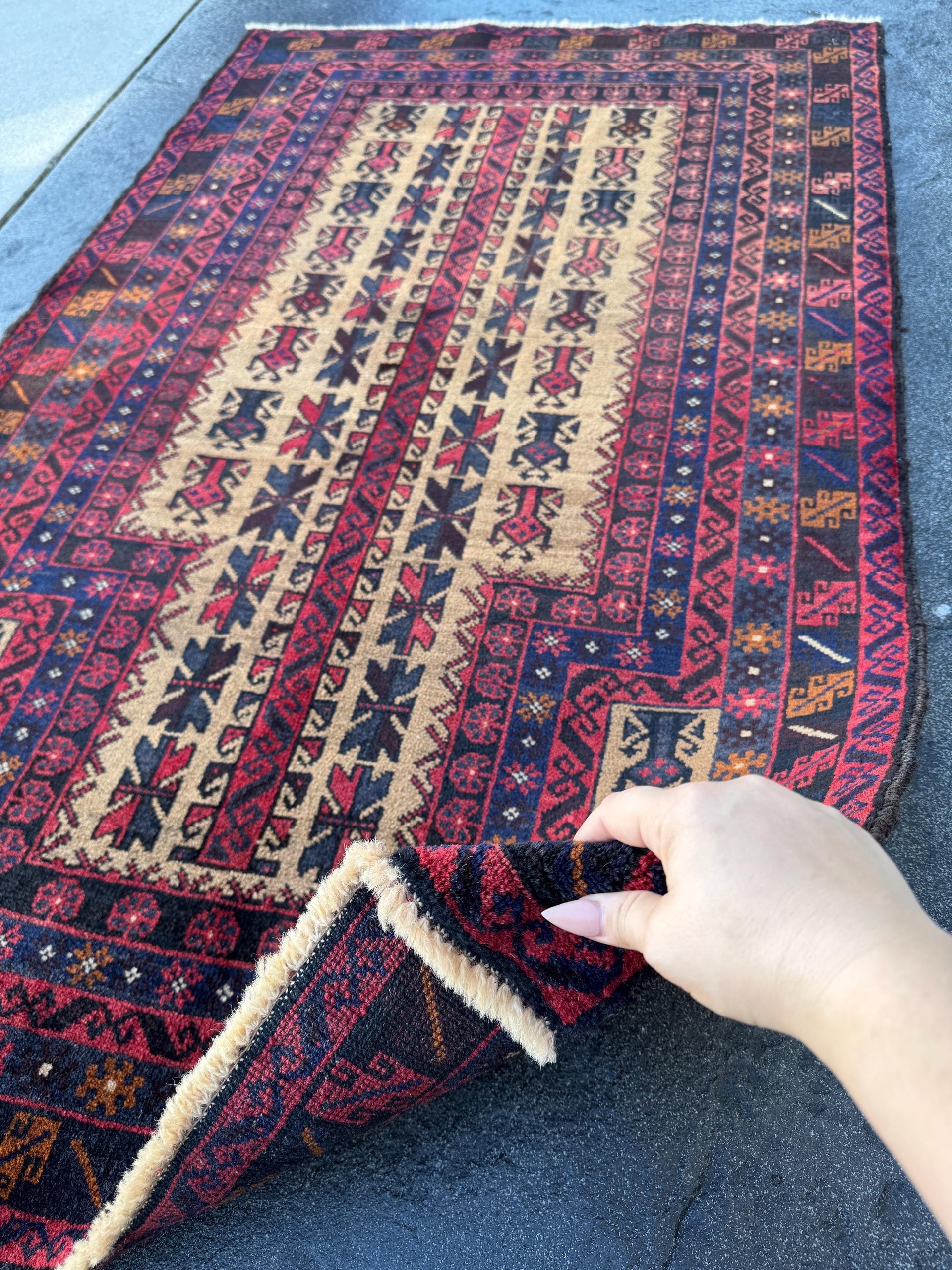 3x5 (91x152) Handmade Vintage Afghan Baluch Rug | Brick Auburn Red Gold Beige Cream Tan Black Caramel Brown Grey Navy Blue | Wool Geometric