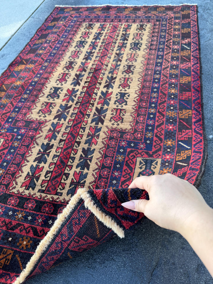 3x5 (91x152) Handmade Vintage Afghan Baluch Rug | Brick Auburn Red Gold Beige Cream Tan Black Caramel Brown Grey Navy Blue | Wool Geometric