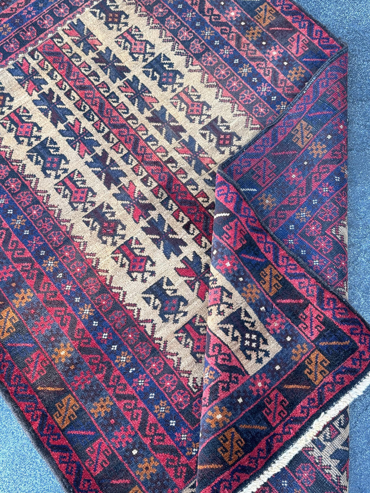 3x5 (91x152) Handmade Vintage Afghan Baluch Rug | Brick Auburn Red Gold Beige Cream Tan Black Caramel Brown Grey Navy Blue | Wool Geometric