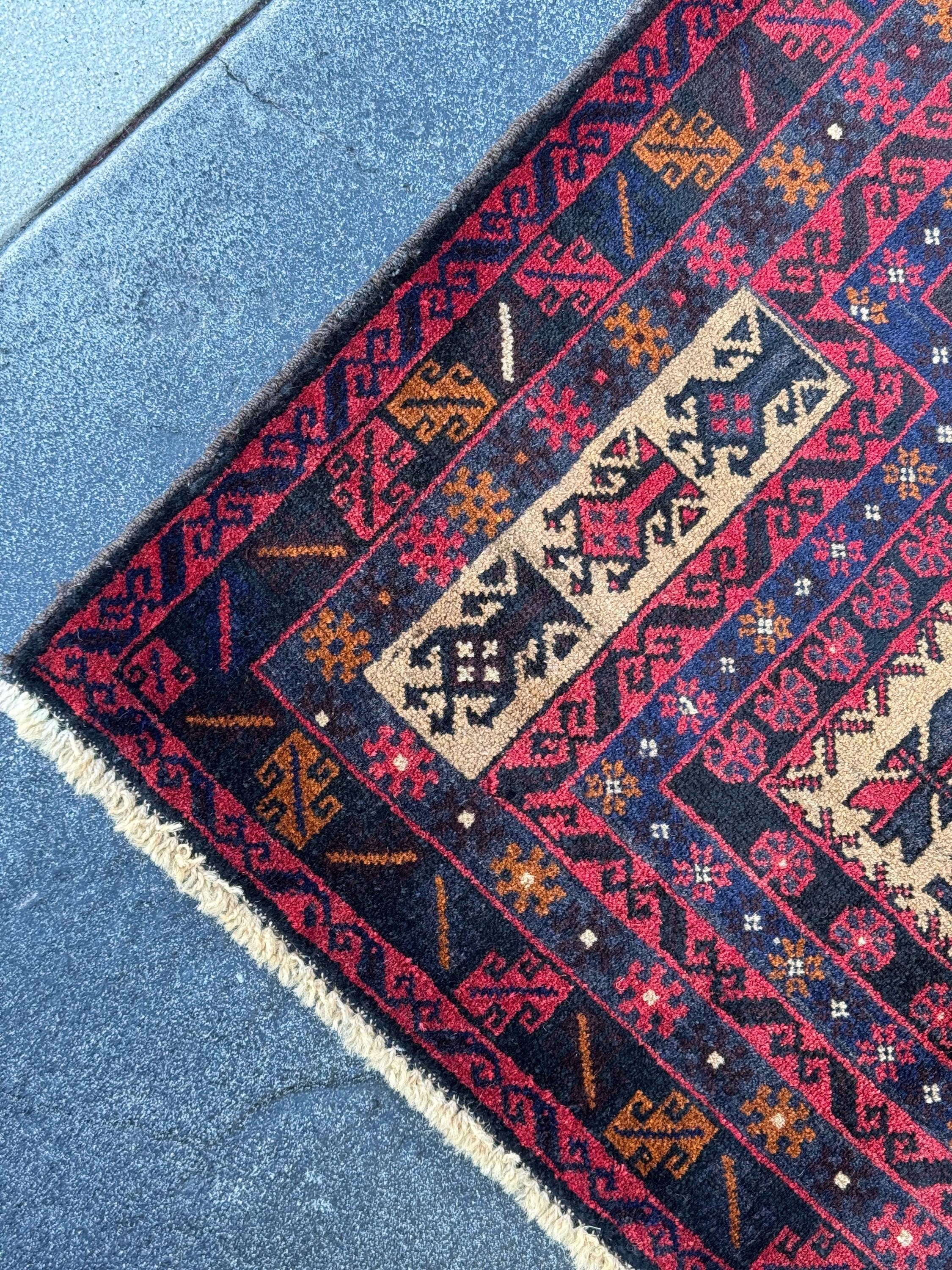 3x5 (91x152) Handmade Vintage Afghan Baluch Rug | Brick Auburn Red Gold Beige Cream Tan Black Caramel Brown Grey Navy Blue | Wool Geometric