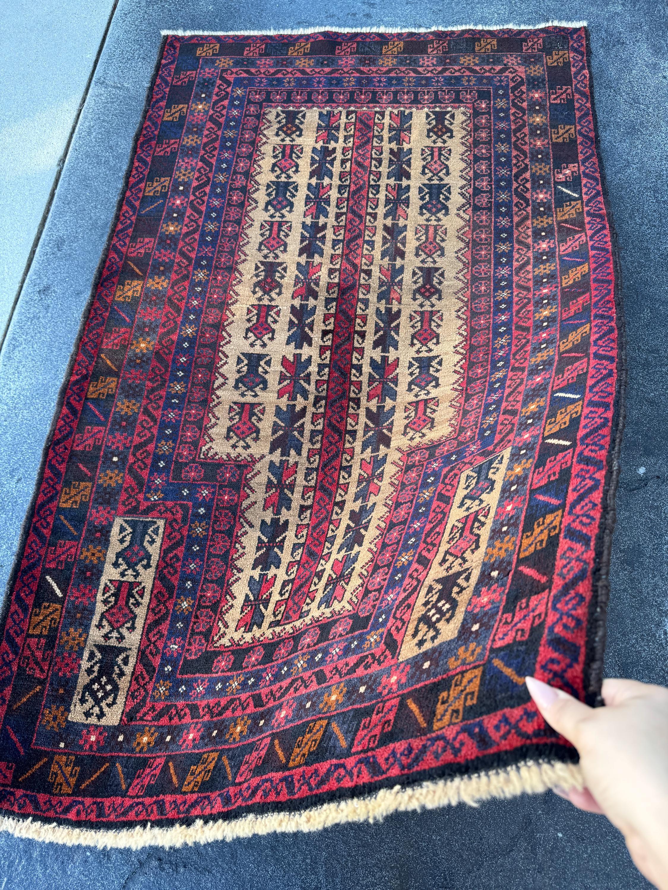 3x5 (91x152) Handmade Vintage Afghan Baluch Rug | Brick Auburn Red Gold Beige Cream Tan Black Caramel Brown Grey Navy Blue | Wool Geometric