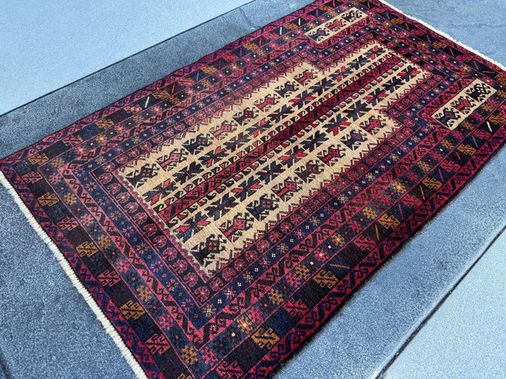 3x5 (91x152) Handmade Vintage Afghan Baluch Rug | Brick Auburn Red Gold Beige Cream Tan Black Caramel Brown Grey Navy Blue | Wool Geometric