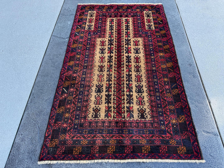 3x5 (91x152) Handmade Vintage Afghan Baluch Rug | Brick Auburn Red Gold Beige Cream Tan Black Caramel Brown Grey Navy Blue | Wool Geometric