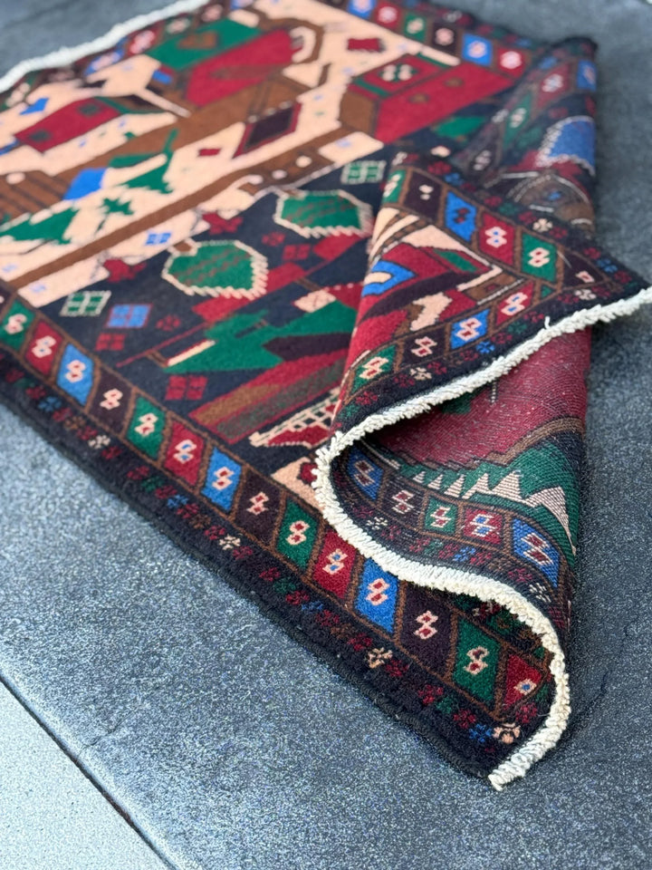 3x5 Handmade Vintage Afghan Baluch Rug | Blood Red Denim Royal Midnight Blue Peach Coral Salmon Pink Orange Caramel Brown Black Forest Green
