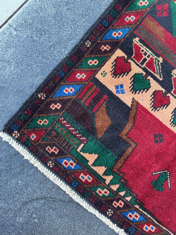 3x5 Handmade Vintage Afghan Baluch Rug | Blood Red Denim Royal Midnight Blue Peach Coral Salmon Pink Orange Caramel Brown Black Forest Green