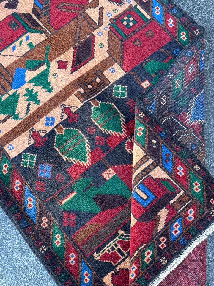 3x5 Handmade Vintage Afghan Baluch Rug | Blood Red Denim Royal Midnight Blue Peach Coral Salmon Pink Orange Caramel Brown Black Forest Green
