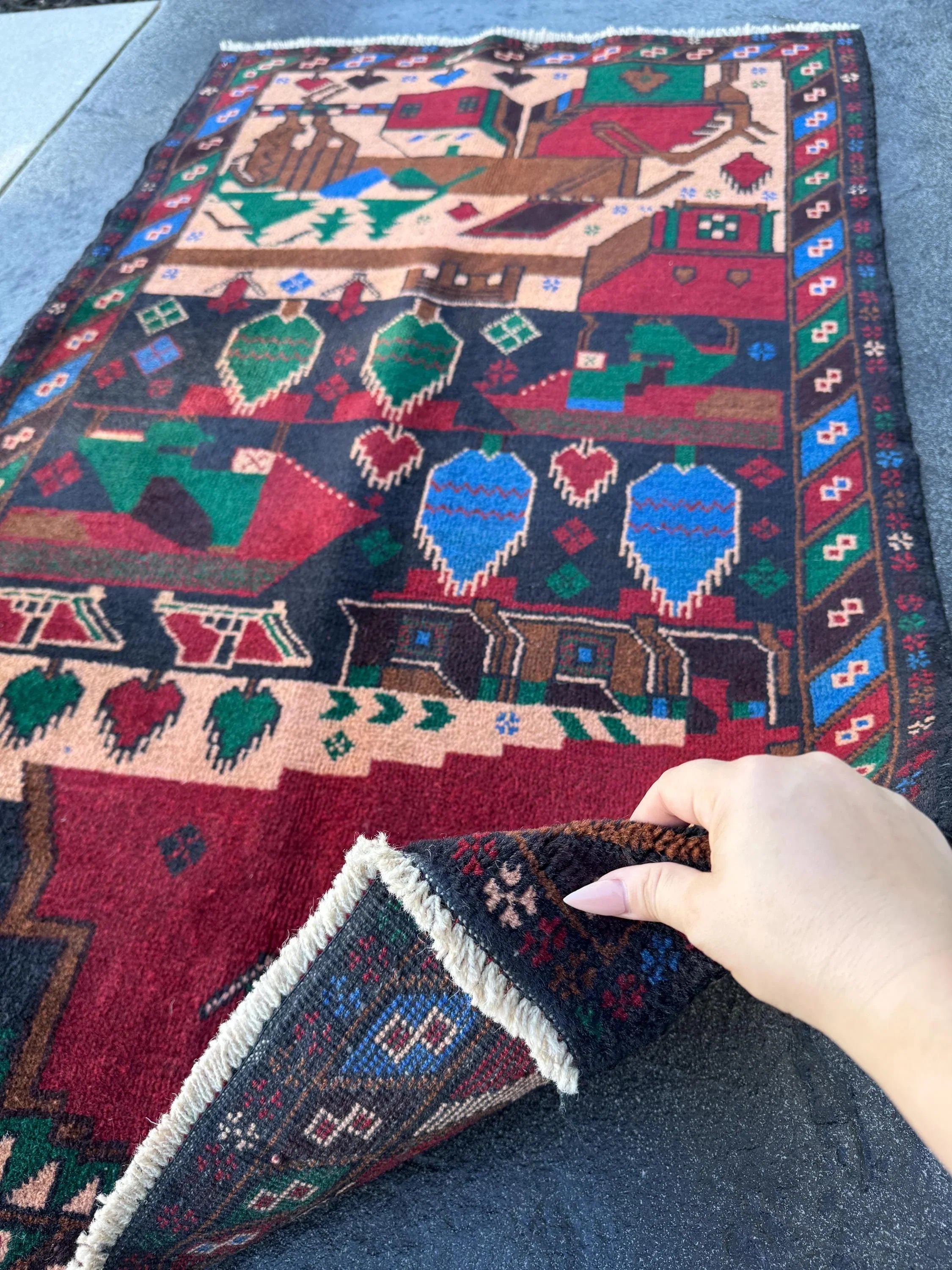 3x5 Handmade Vintage Afghan Baluch Rug | Blood Red Denim Royal Midnight Blue Peach Coral Salmon Pink Orange Caramel Brown Black Forest Green