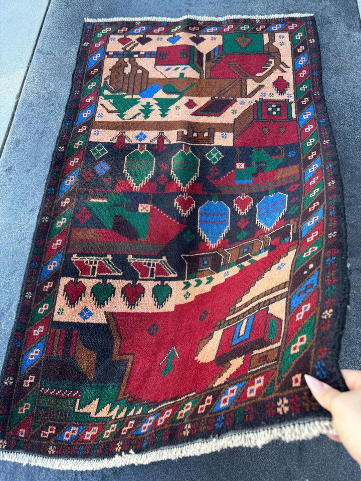 3x5 Handmade Vintage Afghan Baluch Rug | Blood Red Denim Royal Midnight Blue Peach Coral Salmon Pink Orange Caramel Brown Black Forest Green