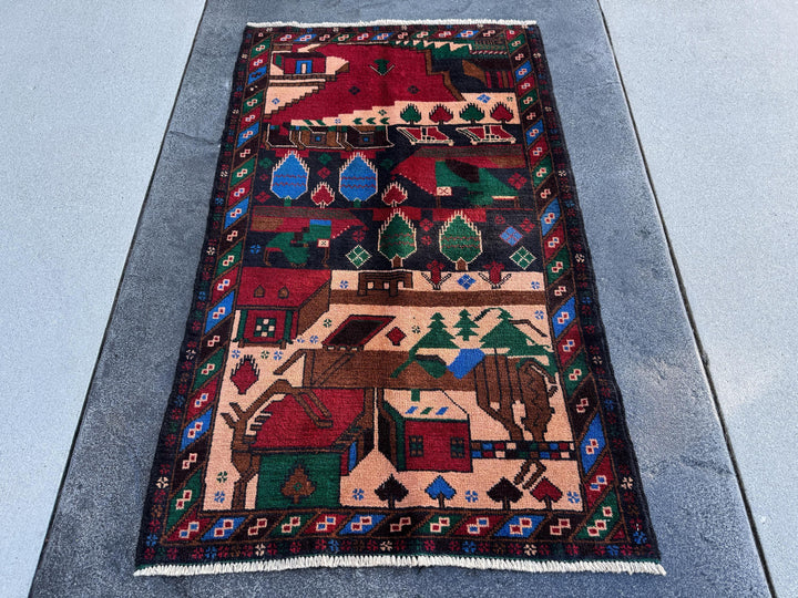 3x5 Handmade Vintage Afghan Baluch Rug | Blood Red Denim Royal Midnight Blue Peach Coral Salmon Pink Orange Caramel Brown Black Forest Green