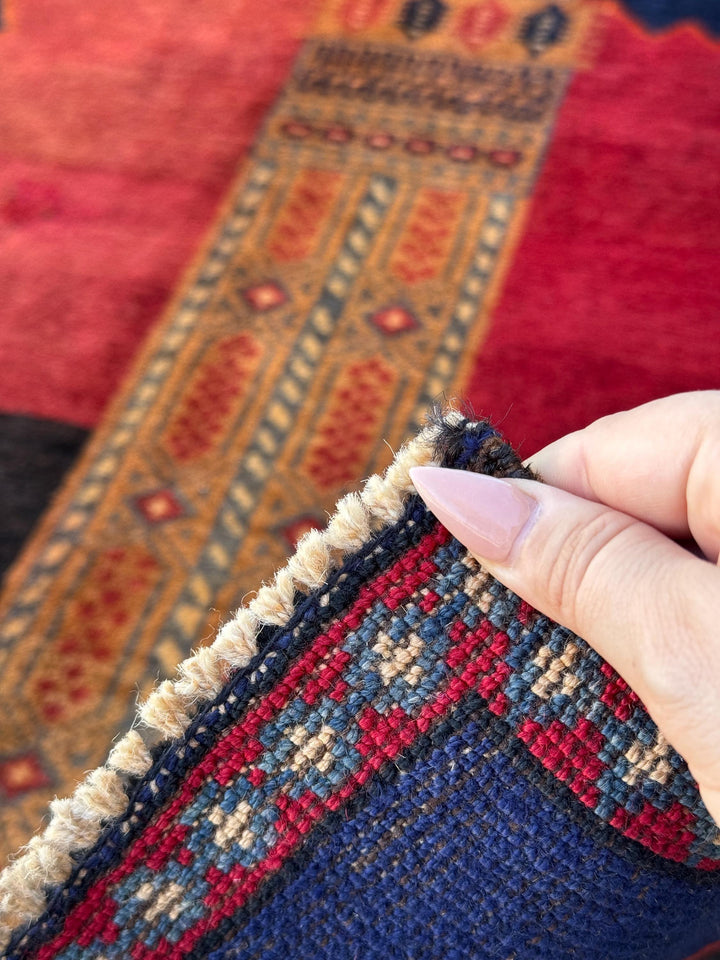 3x5 Handmade Vintage Afghan Baluch Rug | Midnight Navy Blue Gold Saffron Orange Blood Crimson Red Cream Tan Black | Wool Traditional