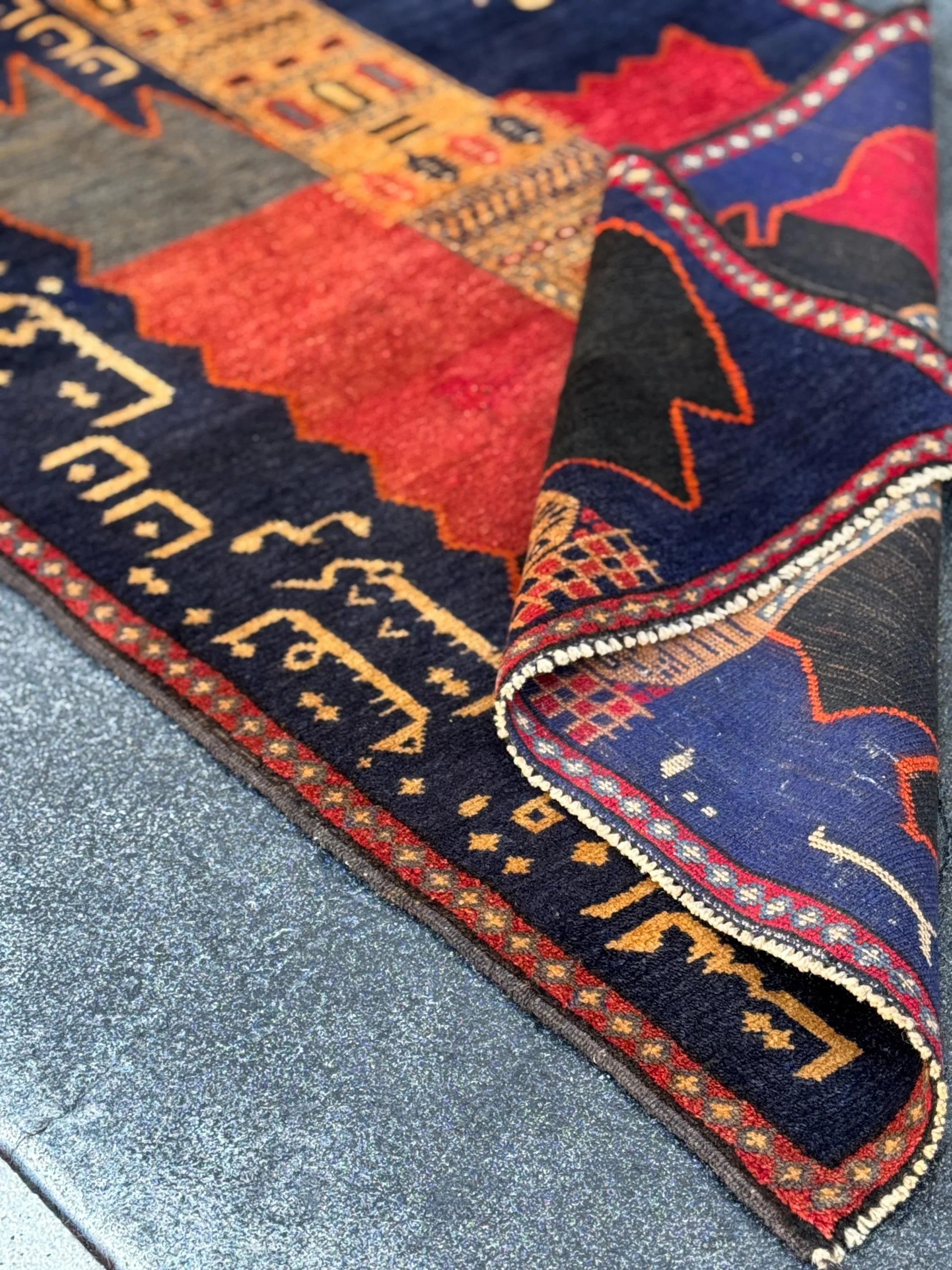 3x5 Handmade Vintage Afghan Baluch Rug | Midnight Navy Blue Gold Saffron Orange Blood Crimson Red Cream Tan Black | Wool Traditional