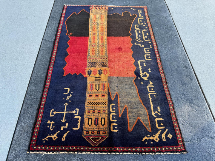 3x5 Handmade Vintage Afghan Baluch Rug | Midnight Navy Blue Gold Saffron Orange Blood Crimson Red Cream Tan Black | Wool Traditional