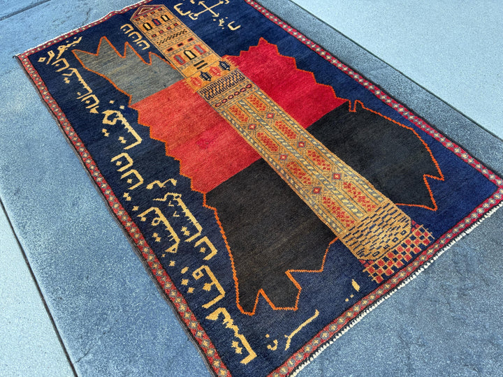 3x5 Handmade Vintage Afghan Baluch Rug | Midnight Navy Blue Gold Saffron Orange Blood Crimson Red Cream Tan Black | Wool Traditional