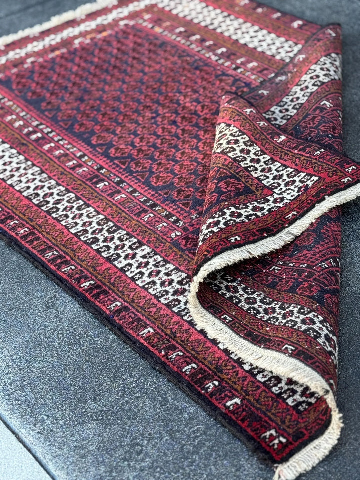 3x5 Handmade Vintage Afghan Baluch Rug | Brick Auburn Burgundy Wine Red White Ivory White Black Midnight Blue Caramel Brown | Wool Geometric