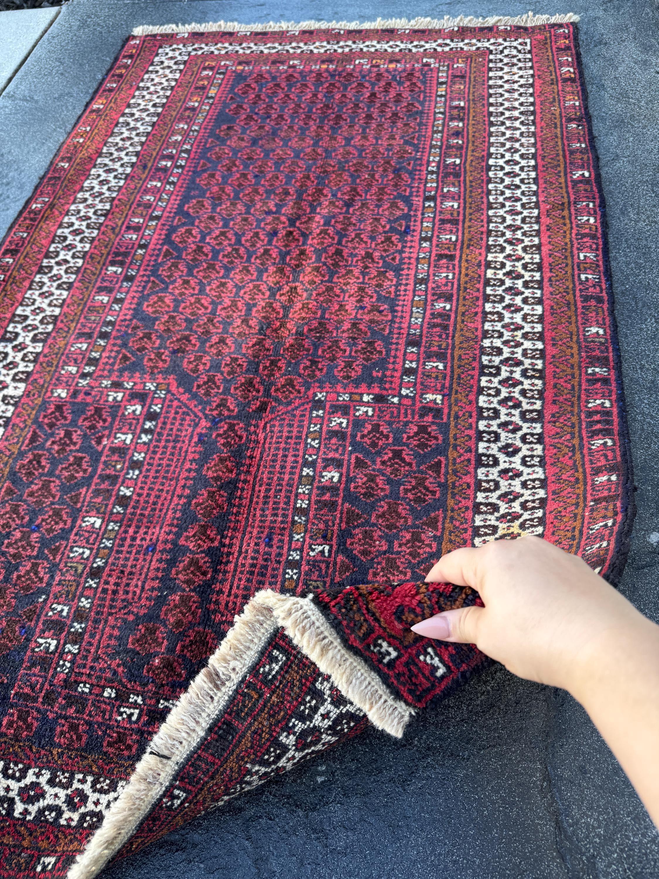 3x5 Handmade Vintage Afghan Baluch Rug | Brick Auburn Burgundy Wine Red White Ivory White Black Midnight Blue Caramel Brown | Wool Geometric