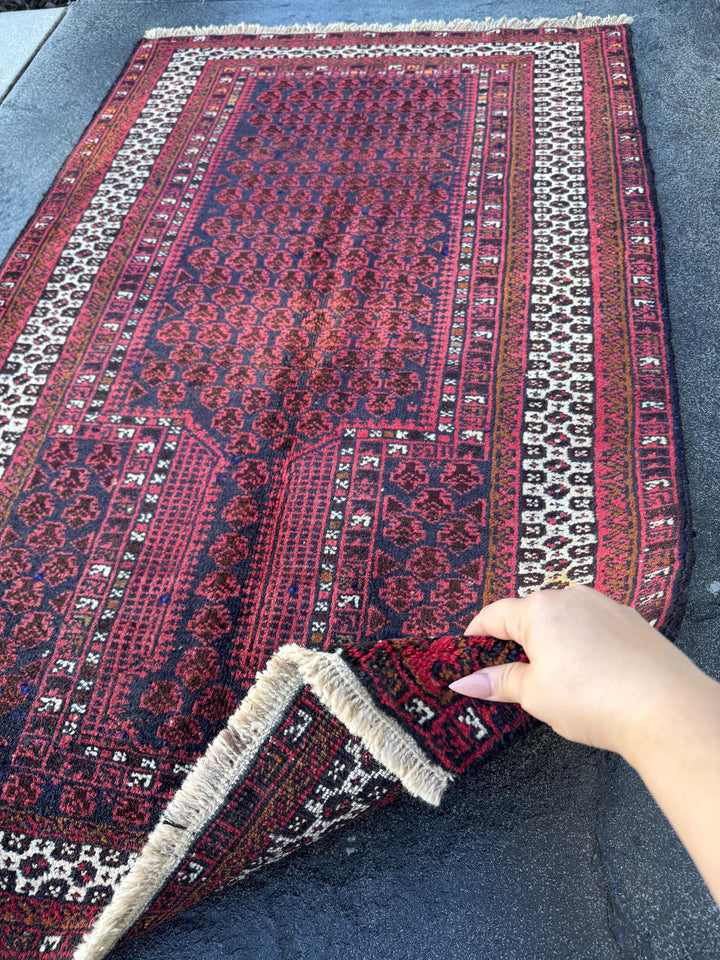 3x5 Handmade Vintage Afghan Baluch Rug | Brick Auburn Burgundy Wine Red White Ivory White Black Midnight Blue Caramel Brown | Wool Geometric