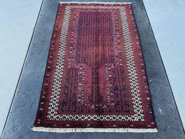 3x5 Handmade Vintage Afghan Baluch Rug | Brick Auburn Burgundy Wine Red White Ivory White Black Midnight Blue Caramel Brown | Wool Geometric