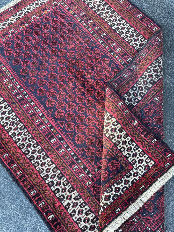 3x5 Handmade Vintage Afghan Baluch Rug | Brick Auburn Burgundy Wine Red White Ivory White Black Midnight Blue Caramel Brown | Wool Geometric