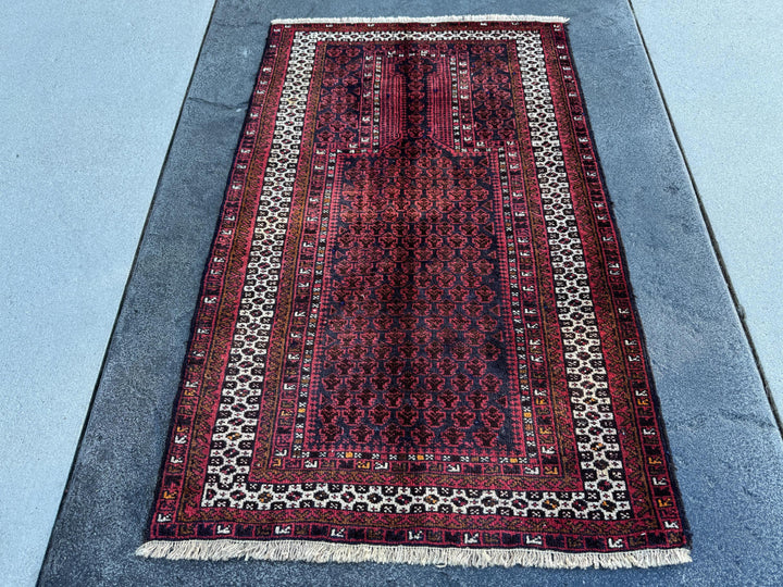 3x5 Handmade Vintage Afghan Baluch Rug | Brick Auburn Burgundy Wine Red White Ivory White Black Midnight Blue Caramel Brown | Wool Geometric