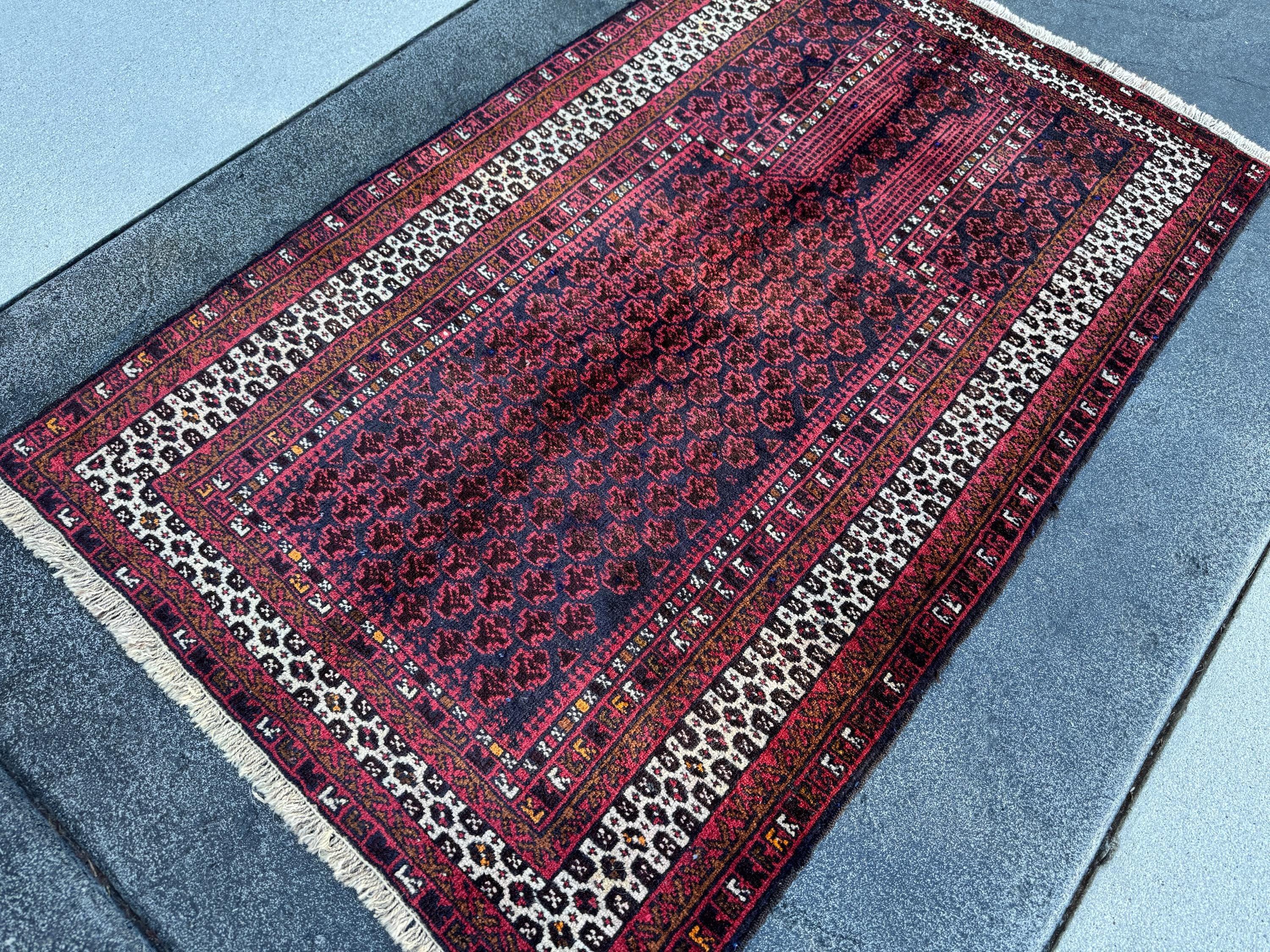 3x5 Handmade Vintage Afghan Baluch Rug | Brick Auburn Burgundy Wine Red White Ivory White Black Midnight Blue Caramel Brown | Wool Geometric