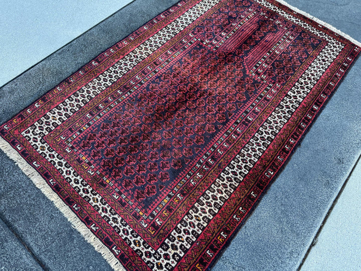 3x5 Handmade Vintage Afghan Baluch Rug | Brick Auburn Burgundy Wine Red White Ivory White Black Midnight Blue Caramel Brown | Wool Geometric