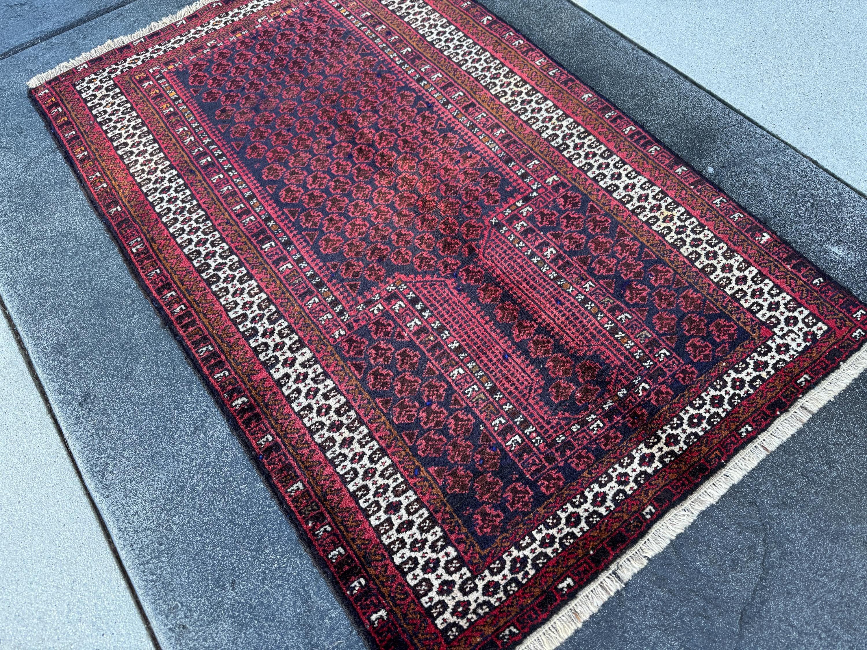 3x5 Handmade Vintage Afghan Baluch Rug | Brick Auburn Burgundy Wine Red White Ivory White Black Midnight Blue Caramel Brown | Wool Geometric