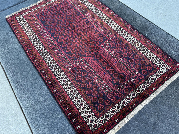 3x5 Handmade Vintage Afghan Baluch Rug | Brick Auburn Burgundy Wine Red White Ivory White Black Midnight Blue Caramel Brown | Wool Geometric
