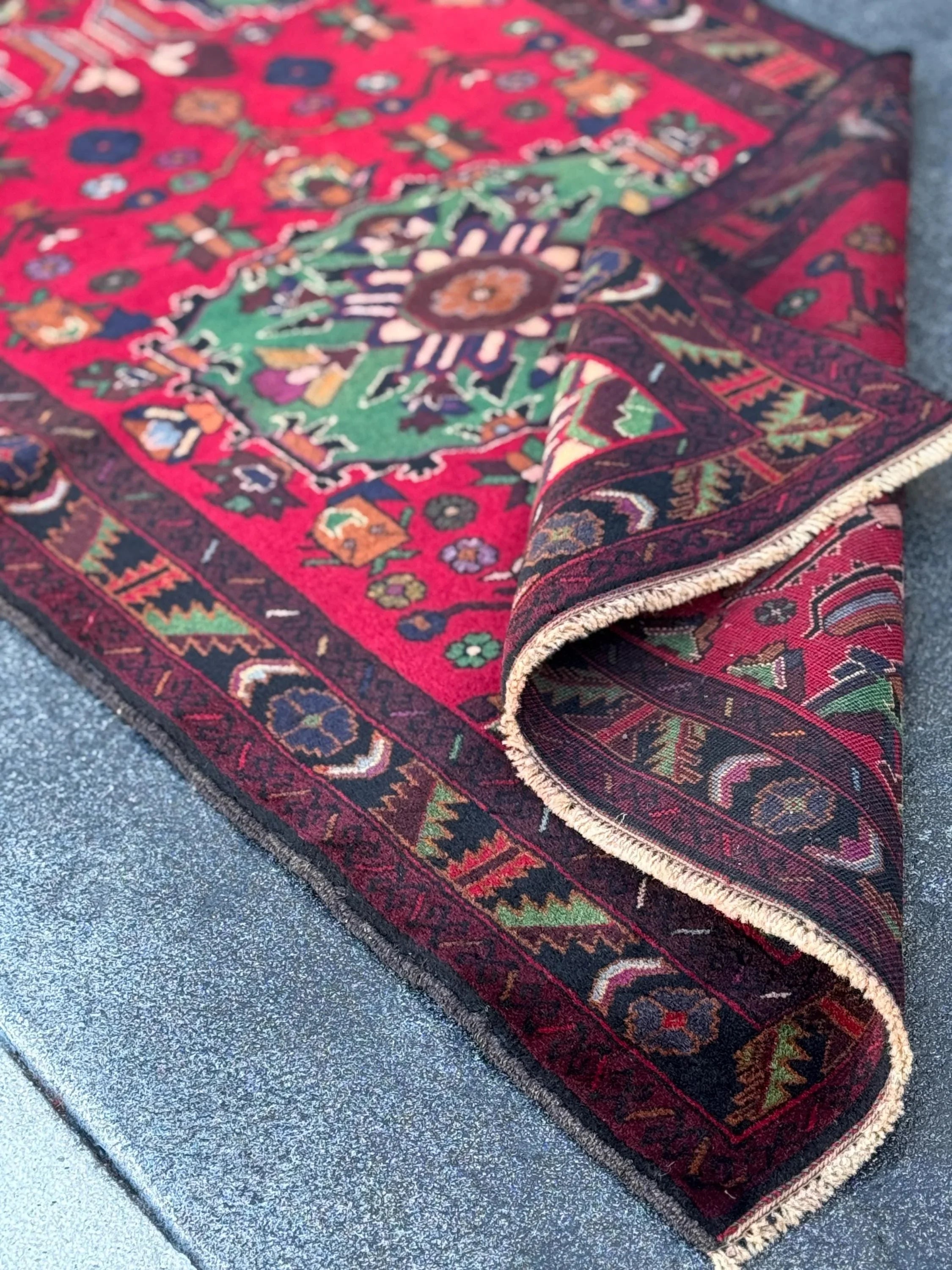 3x5 Handmade Vintage Afghan Baluch Rug | Crimson Maroon Red Purple Pine Forest Green White Cream Burnt Rust Orange Midnight Sky Blue Black