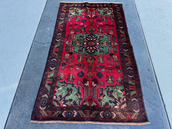 3x5 Handmade Vintage Afghan Baluch Rug | Crimson Maroon Red Purple Pine Forest Green White Cream Burnt Rust Orange Midnight Sky Blue Black