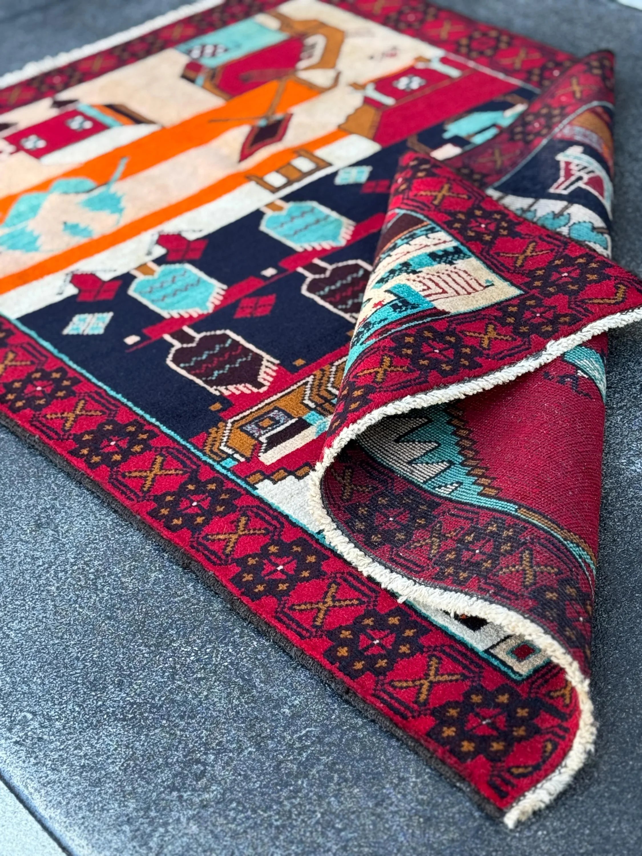 3x4-5 Handmade Vintage Afghan Baluch Rug | Blood Scarlet Burgundy Red Caramel Brown Plum White Cream Peach Orange Midnight Aqua Blue Black