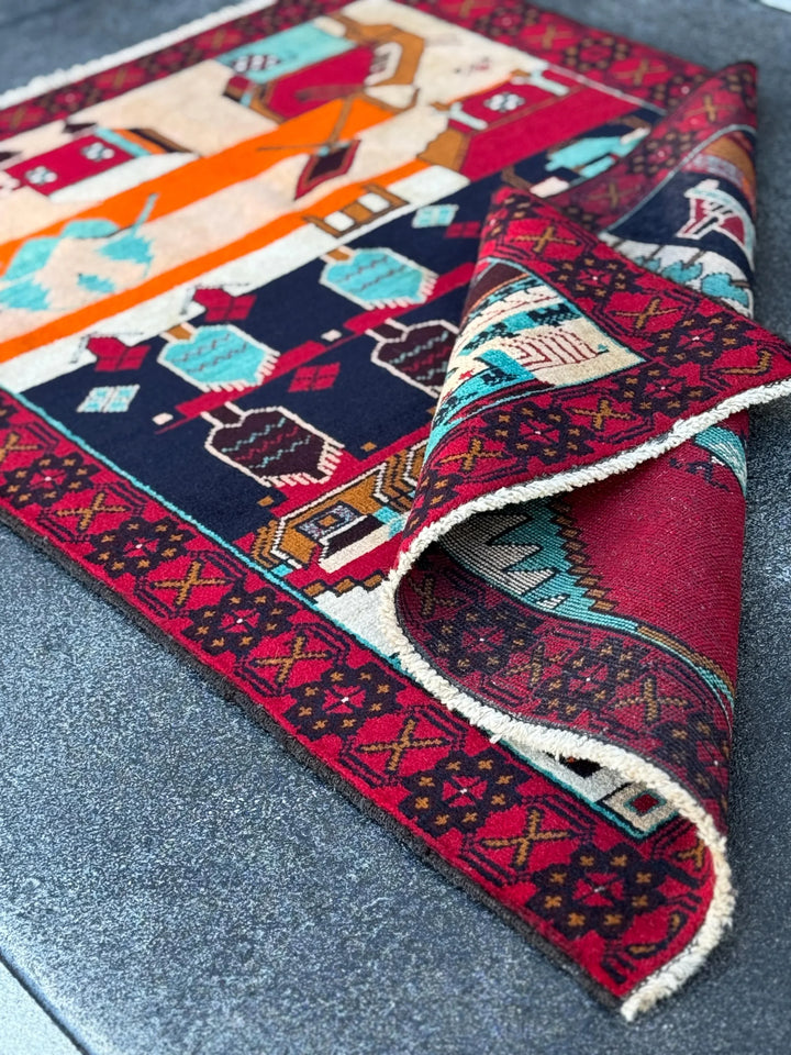 3x4-5 Handmade Vintage Afghan Baluch Rug | Blood Scarlet Burgundy Red Caramel Brown Plum White Cream Peach Orange Midnight Aqua Blue Black