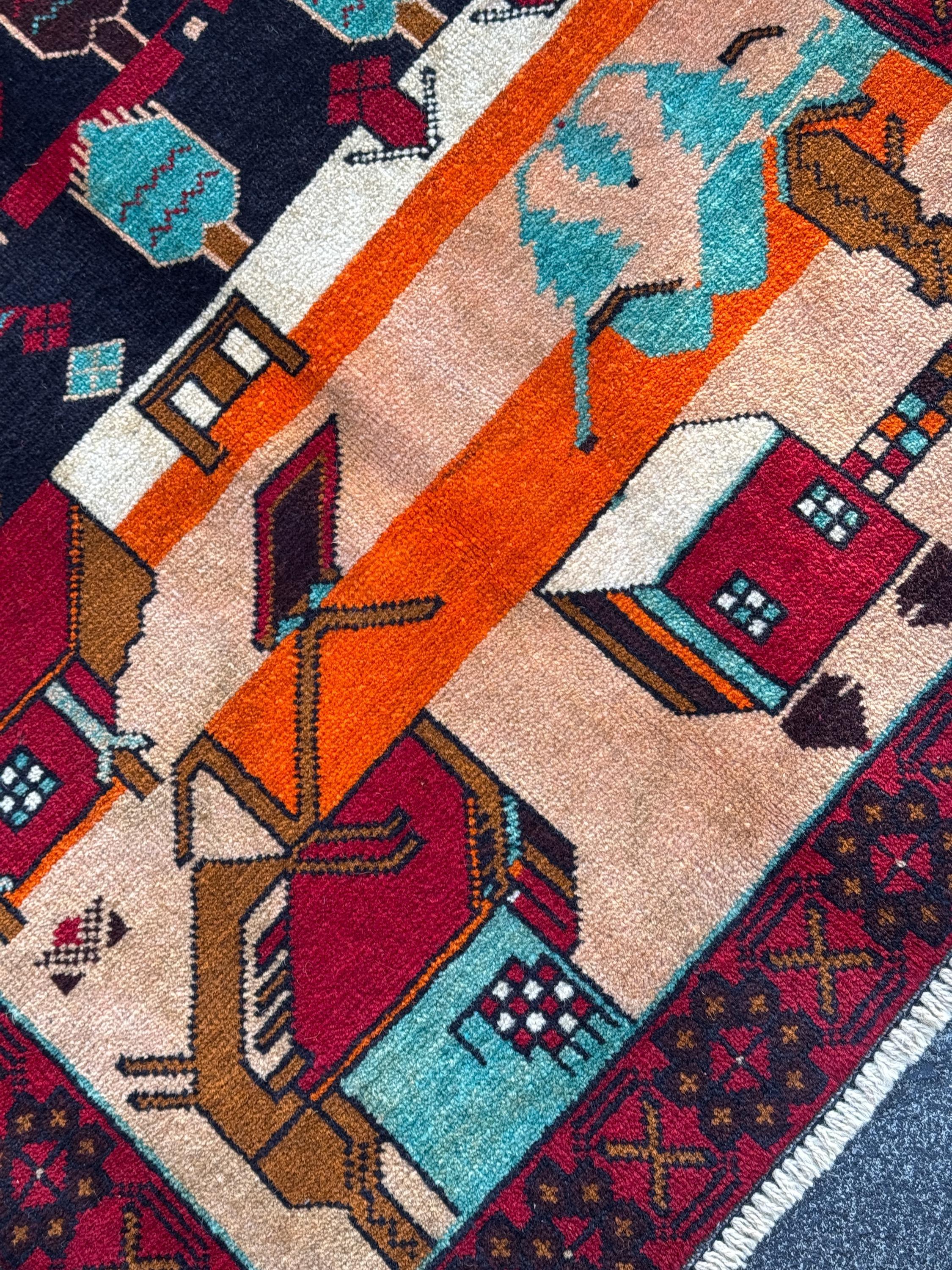 3x4-5 Handmade Vintage Afghan Baluch Rug | Blood Scarlet Burgundy Red Caramel Brown Plum White Cream Peach Orange Midnight Aqua Blue Black