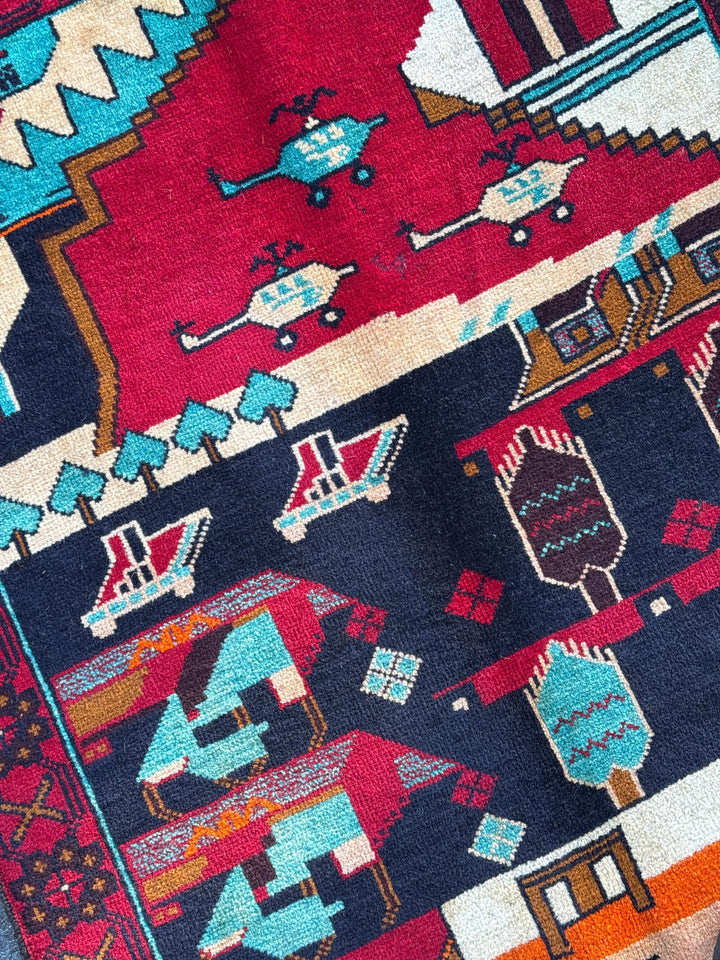 3x4-5 Handmade Vintage Afghan Baluch Rug | Blood Scarlet Burgundy Red Caramel Brown Plum White Cream Peach Orange Midnight Aqua Blue Black