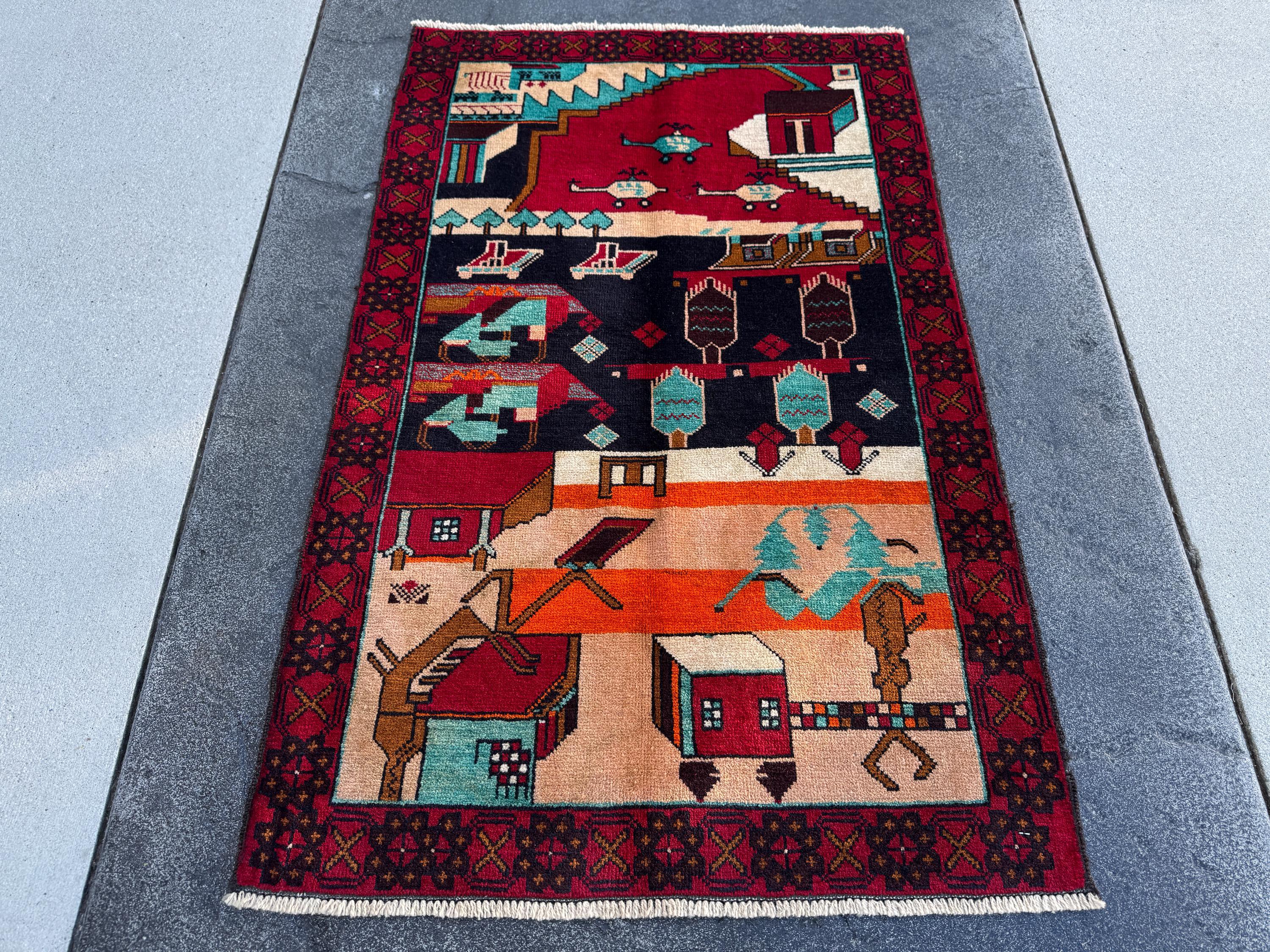 3x4-5 Handmade Vintage Afghan Baluch Rug | Blood Scarlet Burgundy Red Caramel Brown Plum White Cream Peach Orange Midnight Aqua Blue Black