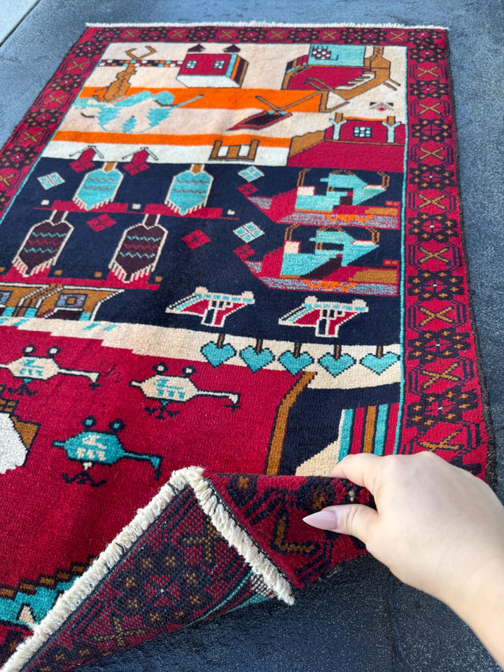 3x4-5 Handmade Vintage Afghan Baluch Rug | Blood Scarlet Burgundy Red Caramel Brown Plum White Cream Peach Orange Midnight Aqua Blue Black