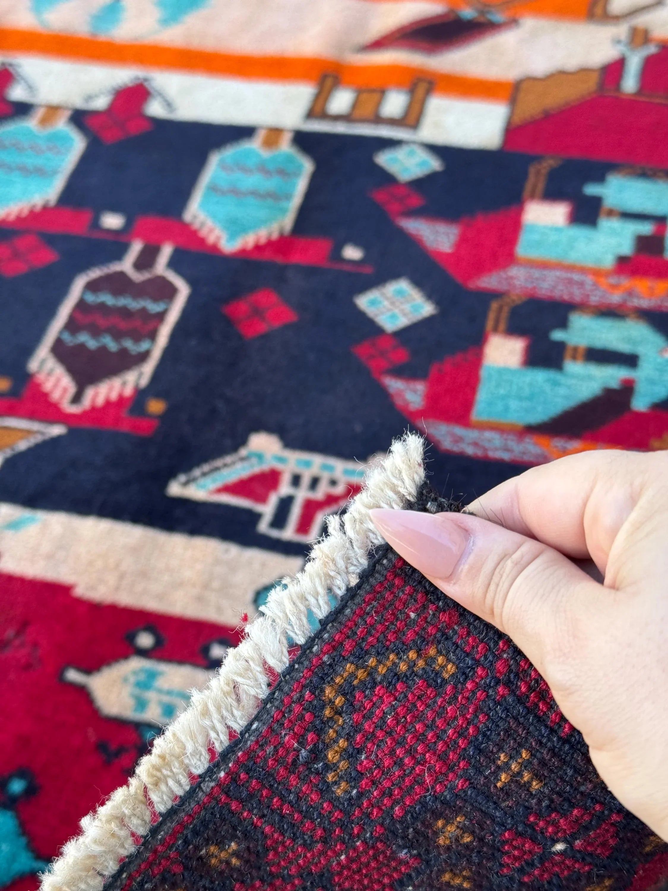3x4-5 Handmade Vintage Afghan Baluch Rug | Blood Scarlet Burgundy Red Caramel Brown Plum White Cream Peach Orange Midnight Aqua Blue Black