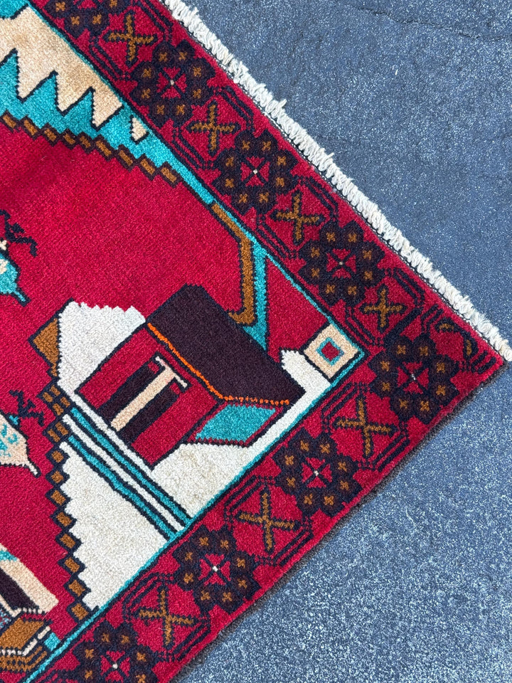 3x4-5 Handmade Vintage Afghan Baluch Rug | Blood Scarlet Burgundy Red Caramel Brown Plum White Cream Peach Orange Midnight Aqua Blue Black