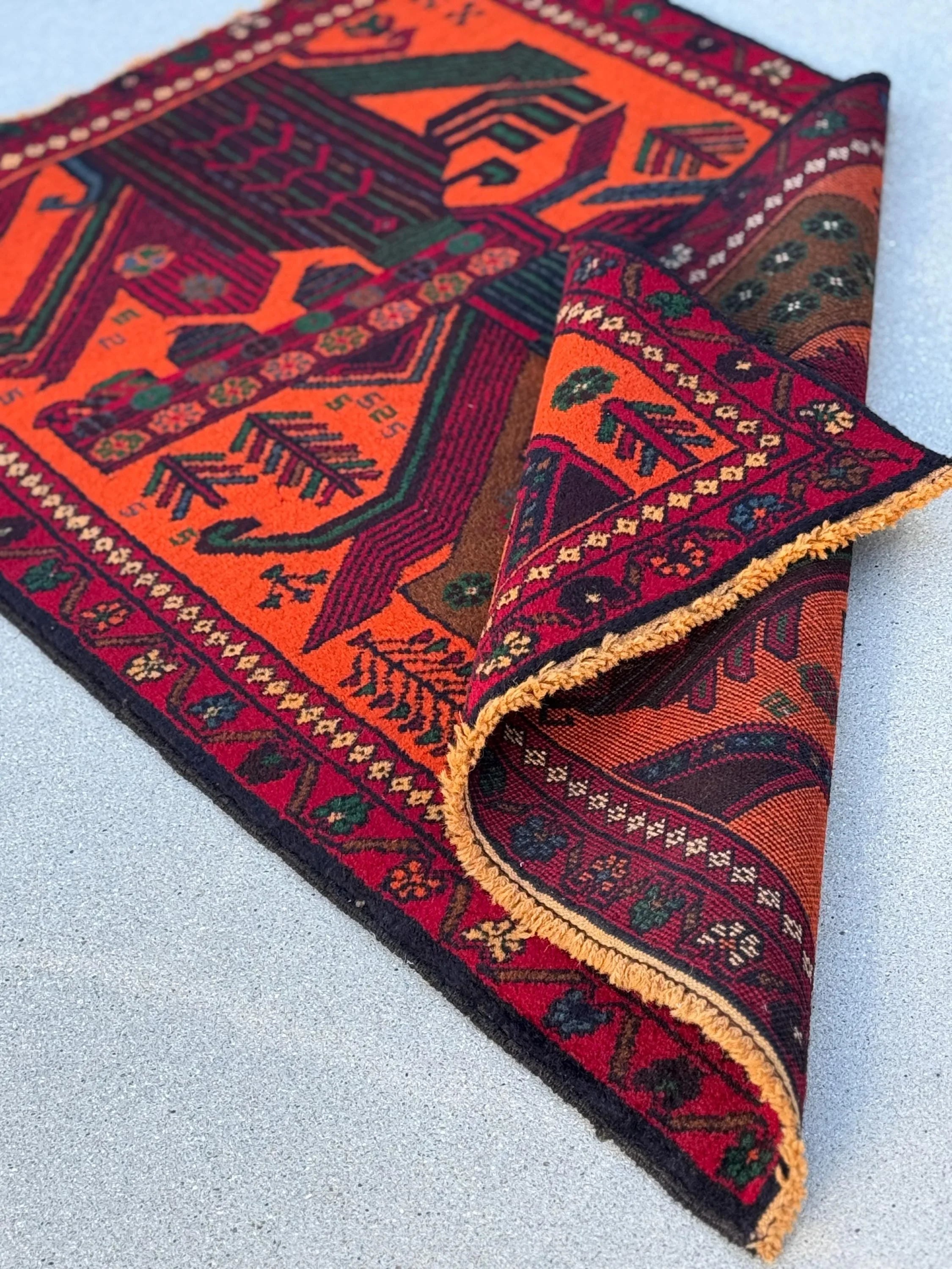 3x4-5 (91x140) Handmade Vintage Afghan Baluch Rug | Orange Forest Green Gold Blood Red Caramel Brown Burgundy Denim Blue | Wool
