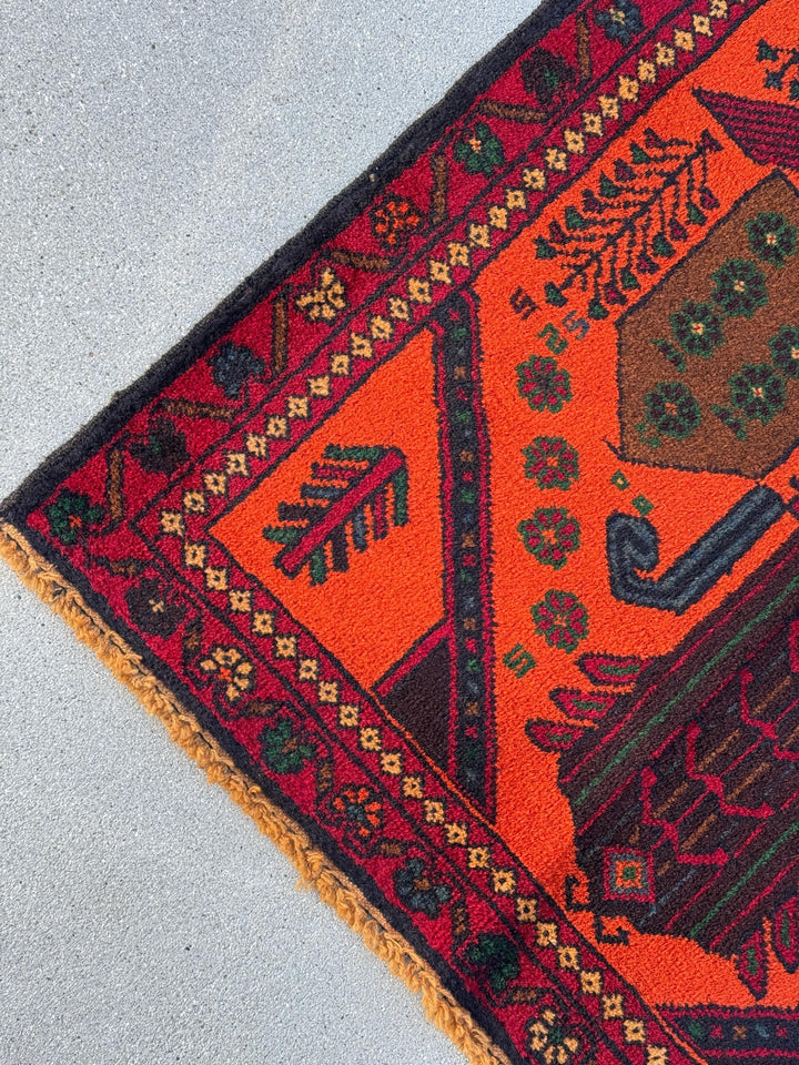 3x4-5 (91x140) Handmade Vintage Afghan Baluch Rug | Orange Forest Green Gold Blood Red Caramel Brown Burgundy Denim Blue | Wool