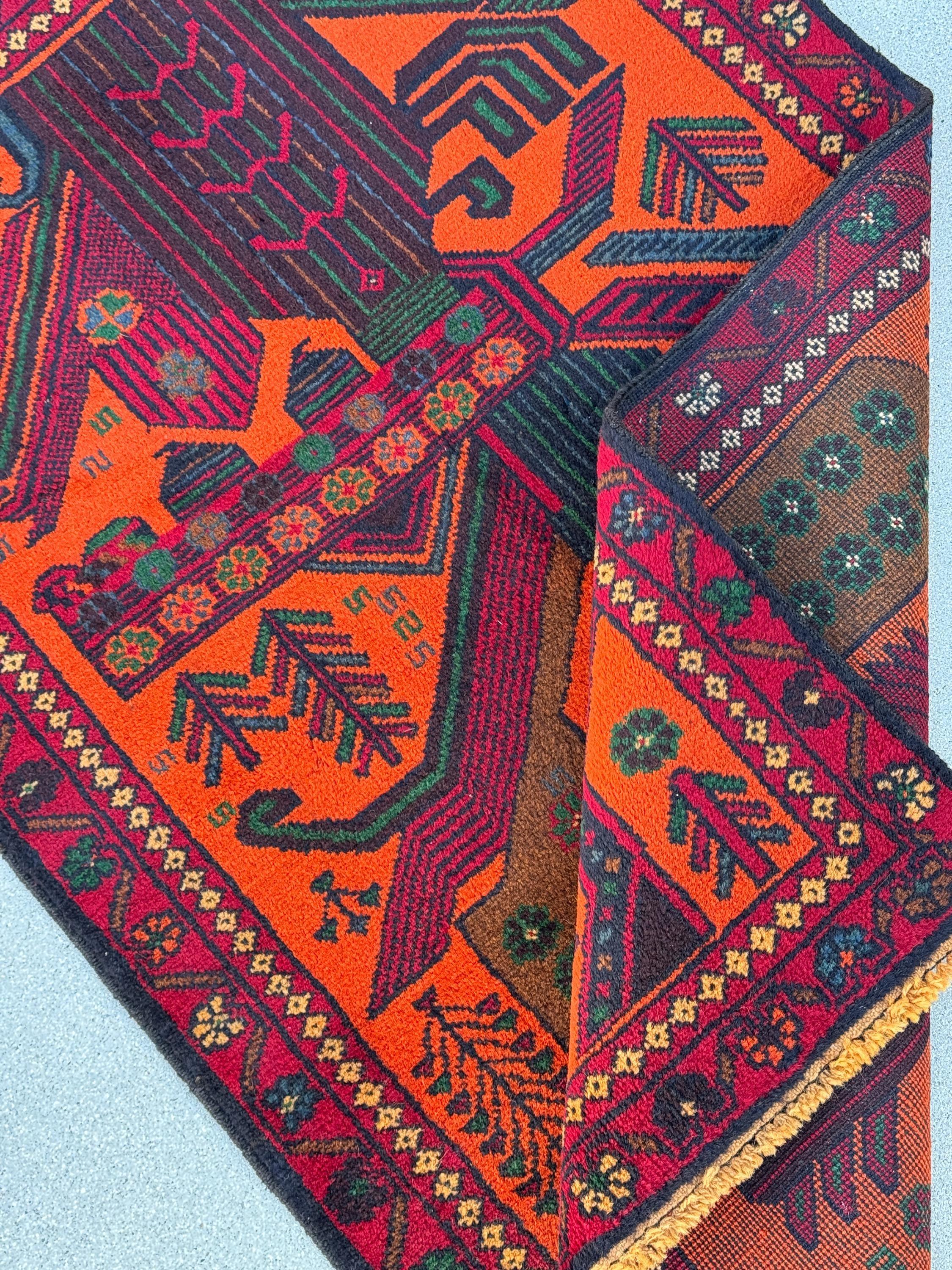 3x4-5 (91x140) Handmade Vintage Afghan Baluch Rug | Orange Forest Green Gold Blood Red Caramel Brown Burgundy Denim Blue | Wool