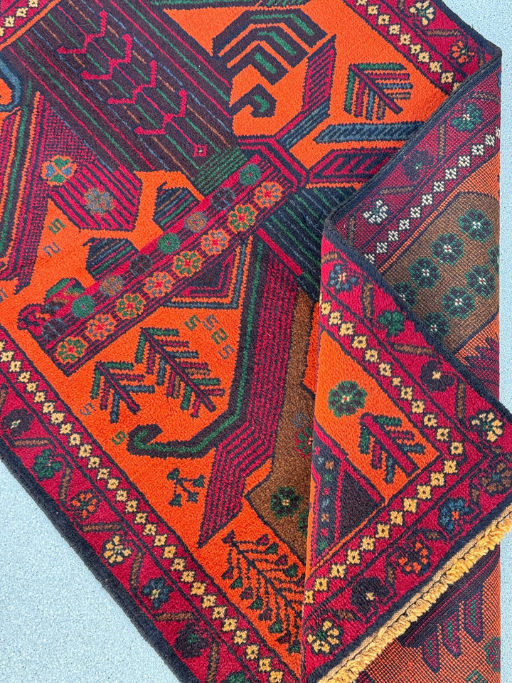 3x4-5 (91x140) Handmade Vintage Afghan Baluch Rug | Orange Forest Green Gold Blood Red Caramel Brown Burgundy Denim Blue | Wool