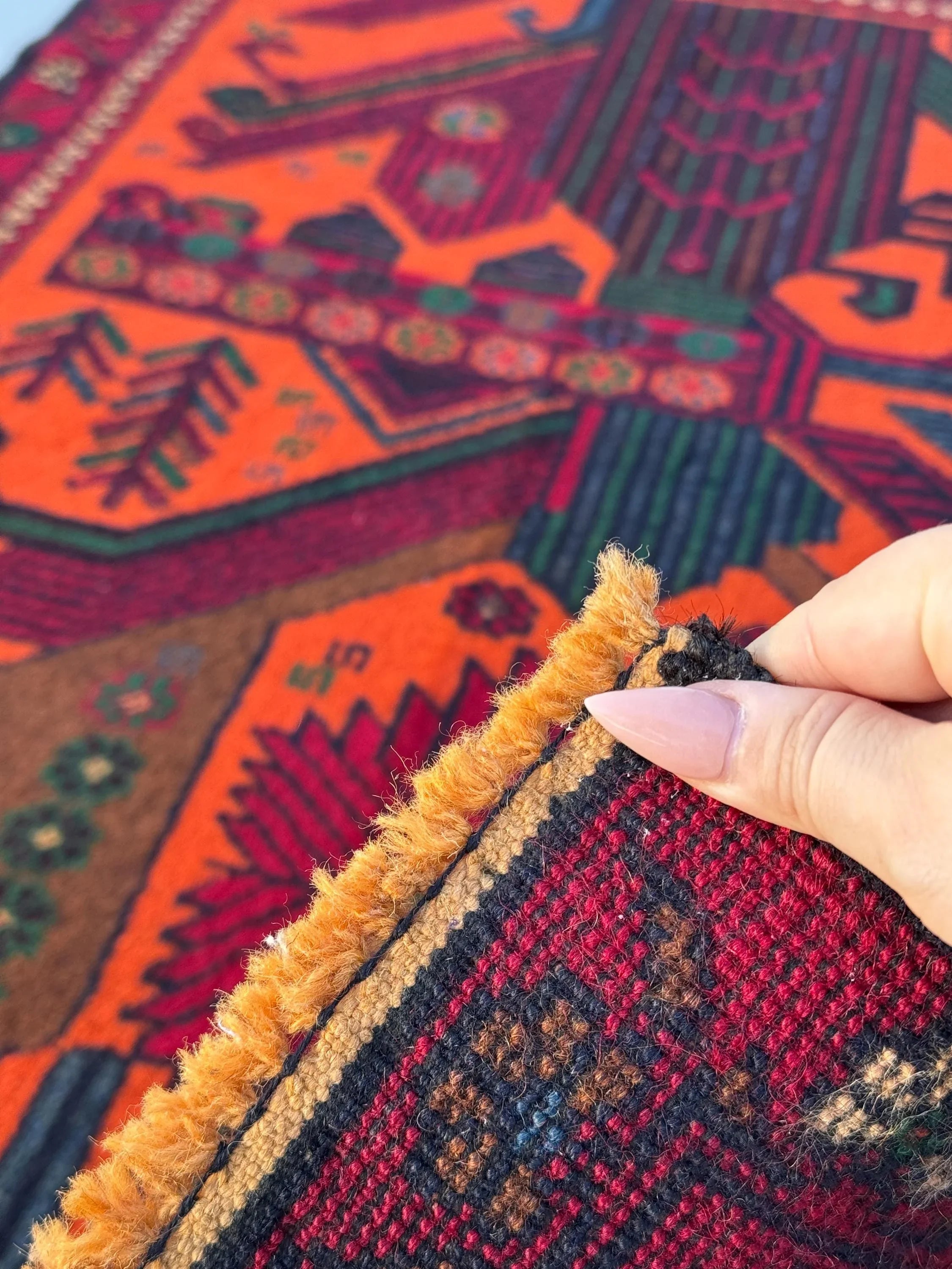 3x4-5 (91x140) Handmade Vintage Afghan Baluch Rug | Orange Forest Green Gold Blood Red Caramel Brown Burgundy Denim Blue | Wool